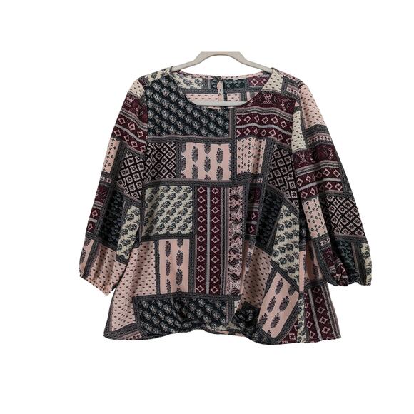Dressbarn Patchwork Blouse L Black Red Block Print Paisley Knot Quilt‎ Style Top - Picture 1 of 10